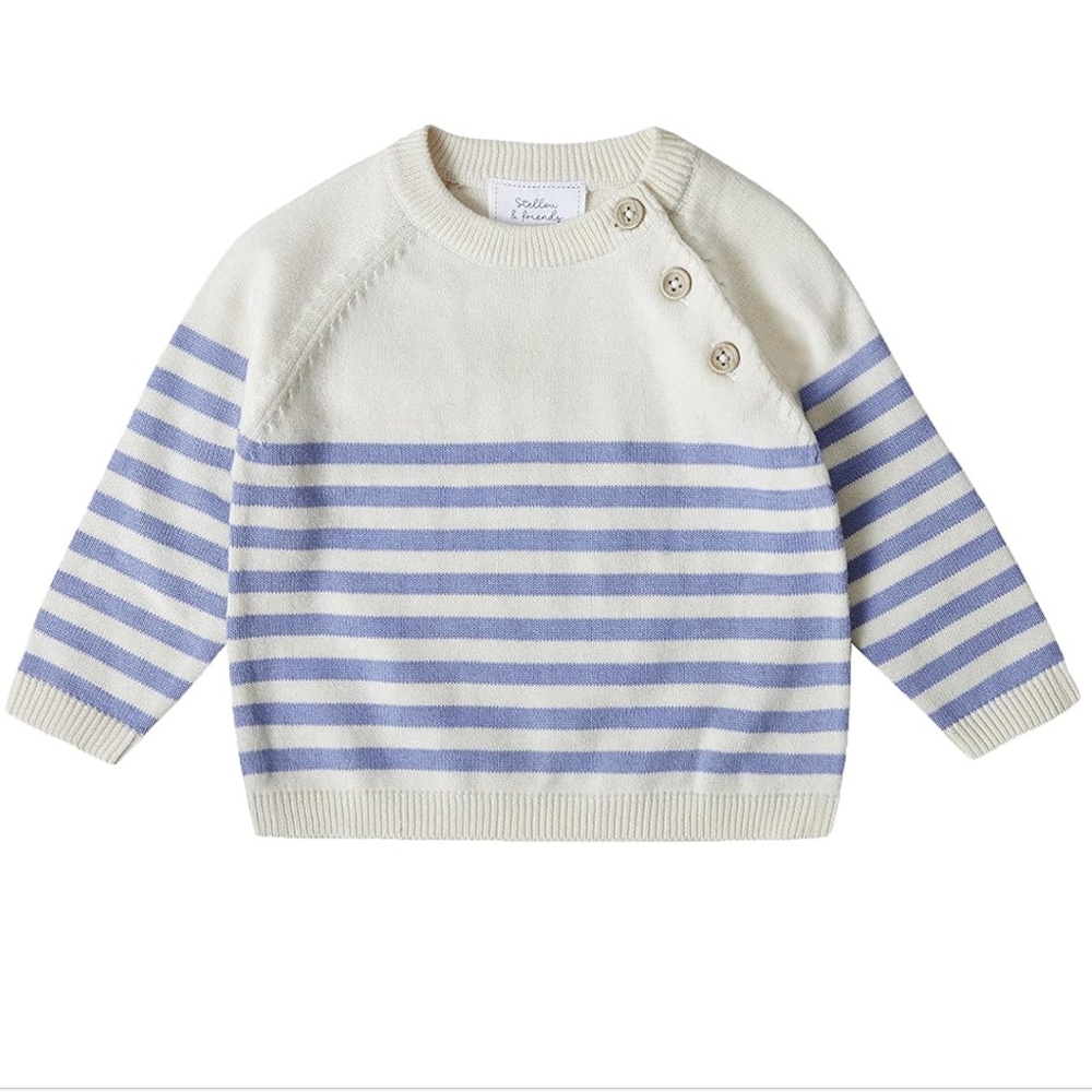 NWT Stellou & Friends Ivory and Purple Stripe Cotton Sweater, 18-24M